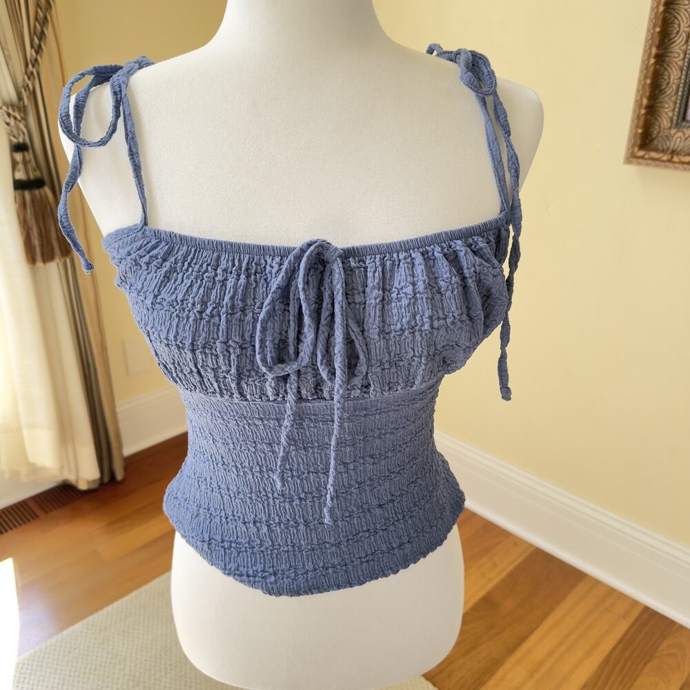 Blue Textured Boho Smocked Cami Top Tie Strap Ruched Front See You Monday Medium